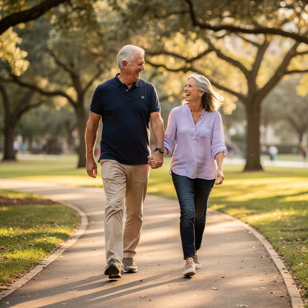 Pareja de alrededor de 60 años caminando juntos en un parque, disfrutando del aire libre