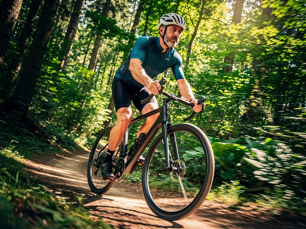 Hombre de 50 años en bicicleta por sendero natural, actividad física al aire libre