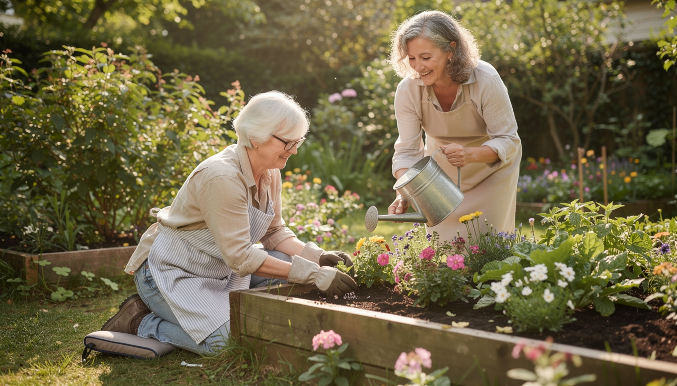 Personas mayores de 60 años trabajando en el jardín, actividad cotidiana activa